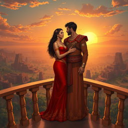 Nimrod and Semiramis standing together on a balcony overlooking their vast, ancient kingdom