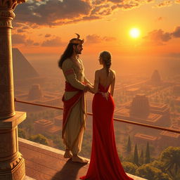 Nimrod and Semiramis standing together on a balcony overlooking their vast, ancient kingdom