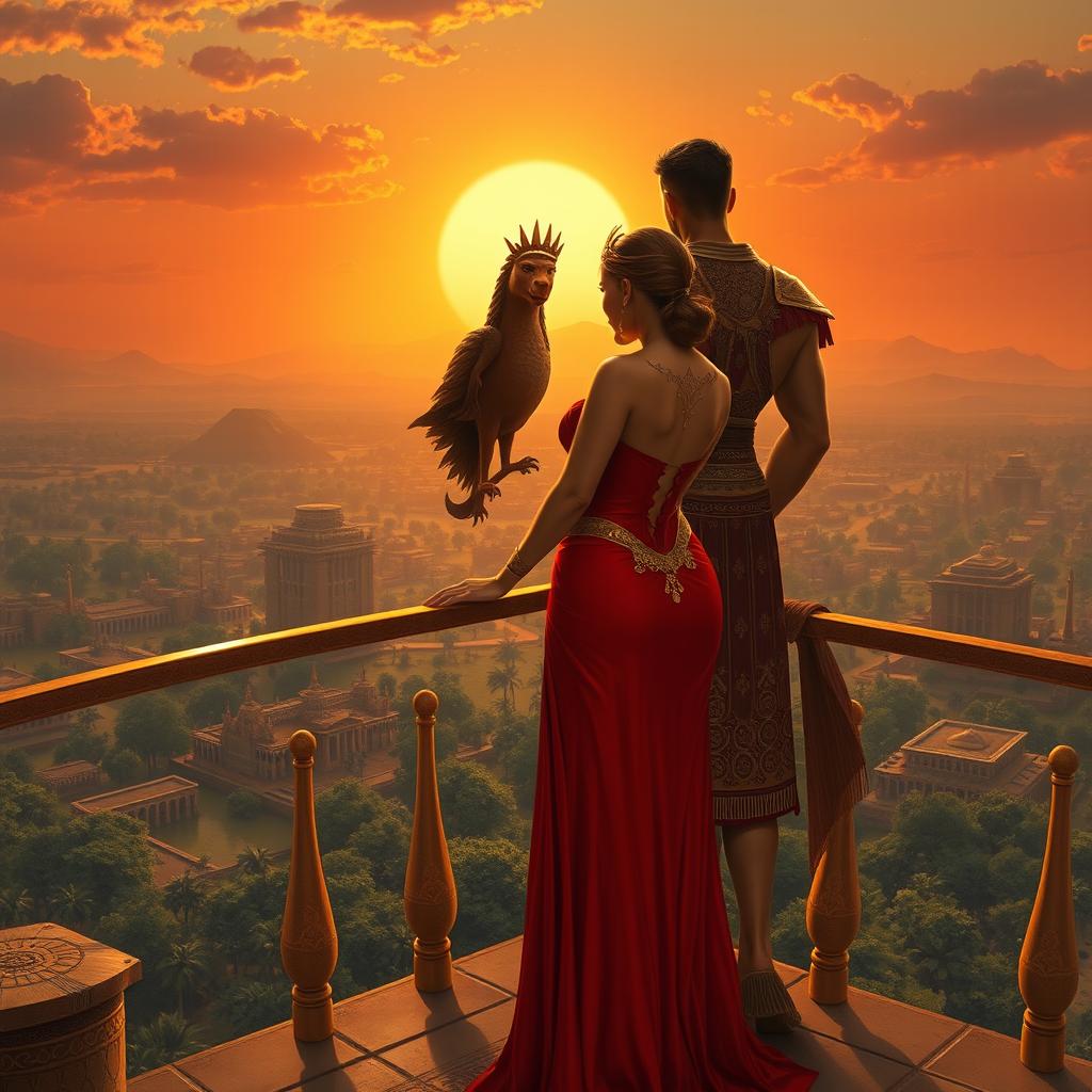 Nimrod and Semiramis standing together on a balcony overlooking their vast, ancient kingdom