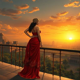 Nimrod and Semiramis standing together on a balcony overlooking their vast, ancient kingdom