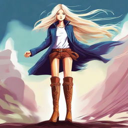 This is a high-quality digital art image, featuring a confident blonde girl wearing long boots