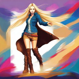 This is a high-quality digital art image, featuring a confident blonde girl wearing long boots