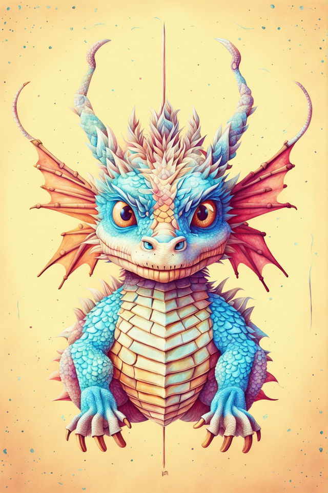 This image is a Wes Anderson-inspired dragon drawing