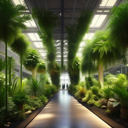 Generate six realistic images of an indoor plant exhibition with a variety of lush, green plants of different species and sizes displayed artistically in a well-lit, spacious hall.