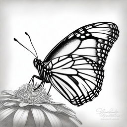 A black and white pencil drawing showcasing a monarch butterfly