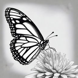 A black and white pencil drawing showcasing a monarch butterfly