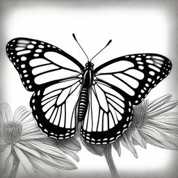 A black and white pencil drawing showcasing a monarch butterfly