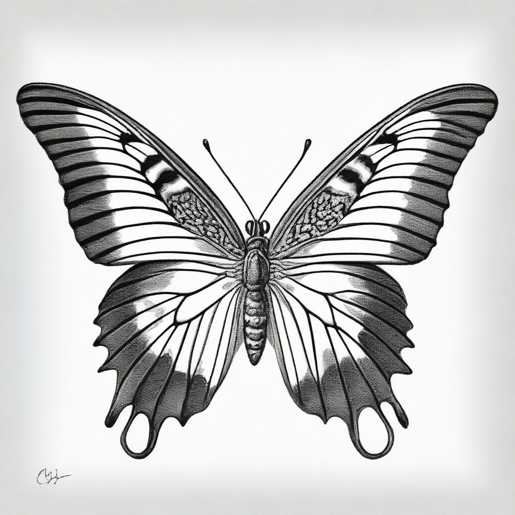 A black and white pencil drawing featuring a different type of butterfly