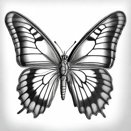 A black and white pencil drawing featuring a different type of butterfly