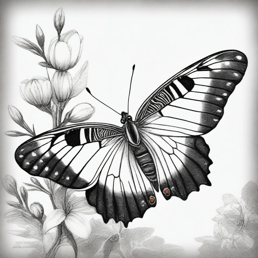 A black and white pencil drawing presenting a distinct type of butterfly perched on a flower