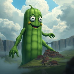 A giant titan cucumber character inspired by the style of Attack on Titan, featuring a vivid green coloration with a textured skin resembling a real cucumber