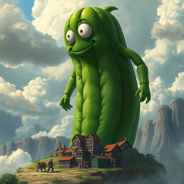 A giant titan cucumber character inspired by the style of Attack on Titan, featuring a vivid green coloration with a textured skin resembling a real cucumber