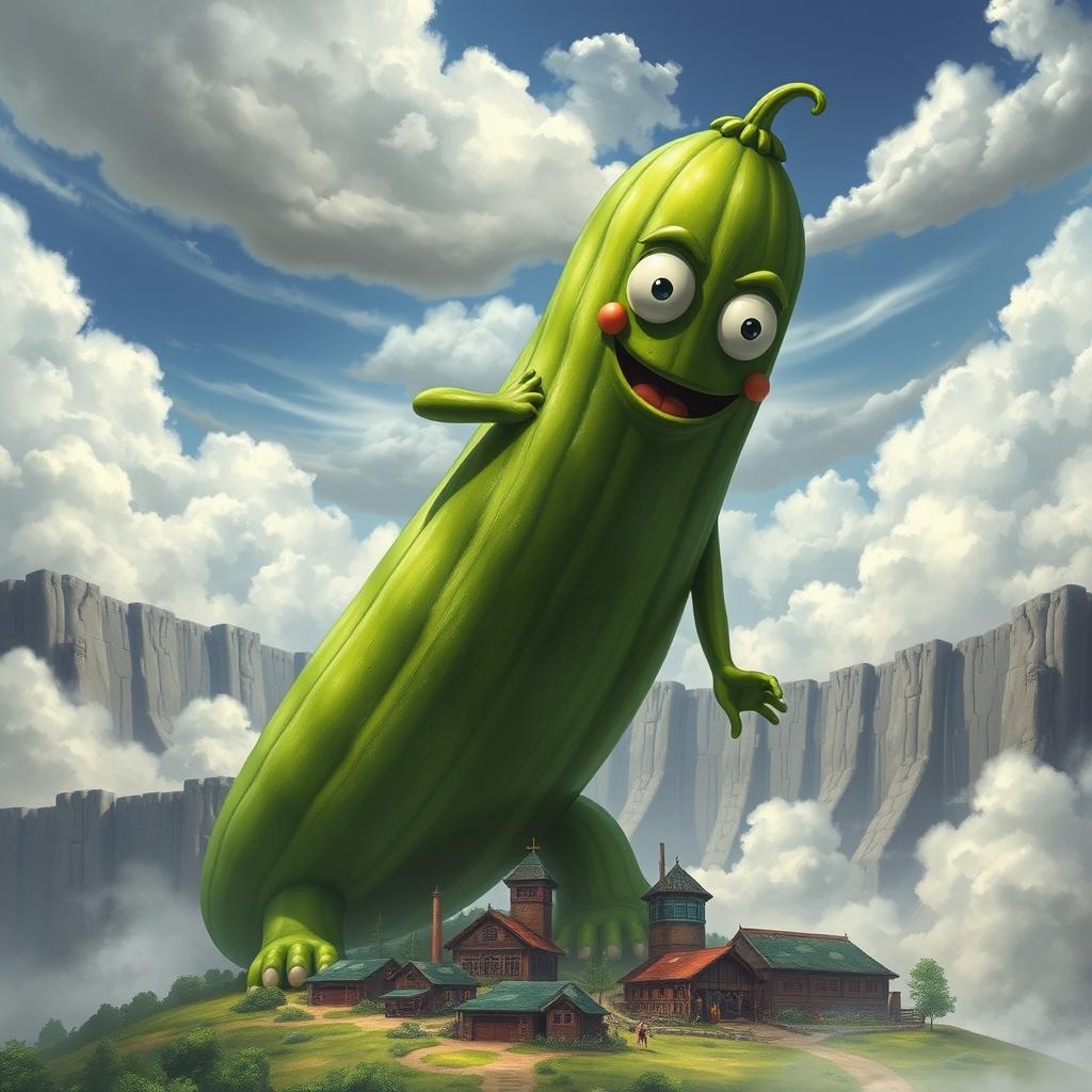 A giant titan cucumber character inspired by the style of Attack on Titan, featuring a vivid green coloration with a textured skin resembling a real cucumber