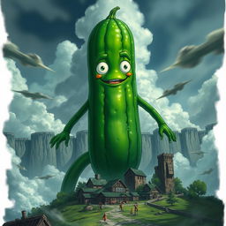 A giant titan cucumber character inspired by the style of Attack on Titan, featuring a vivid green coloration with a textured skin resembling a real cucumber