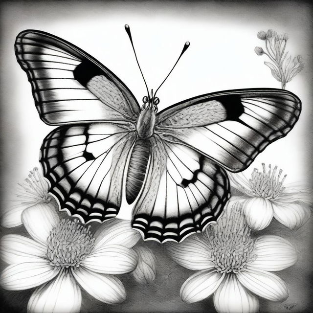 A black and white pencil drawing presenting a distinct type of butterfly perched on a flower