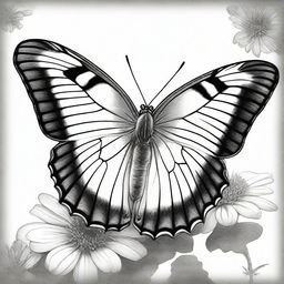 A black and white pencil drawing presenting a distinct type of butterfly perched on a flower