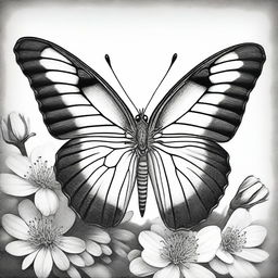 A black and white pencil drawing presenting a distinct type of butterfly perched on a flower