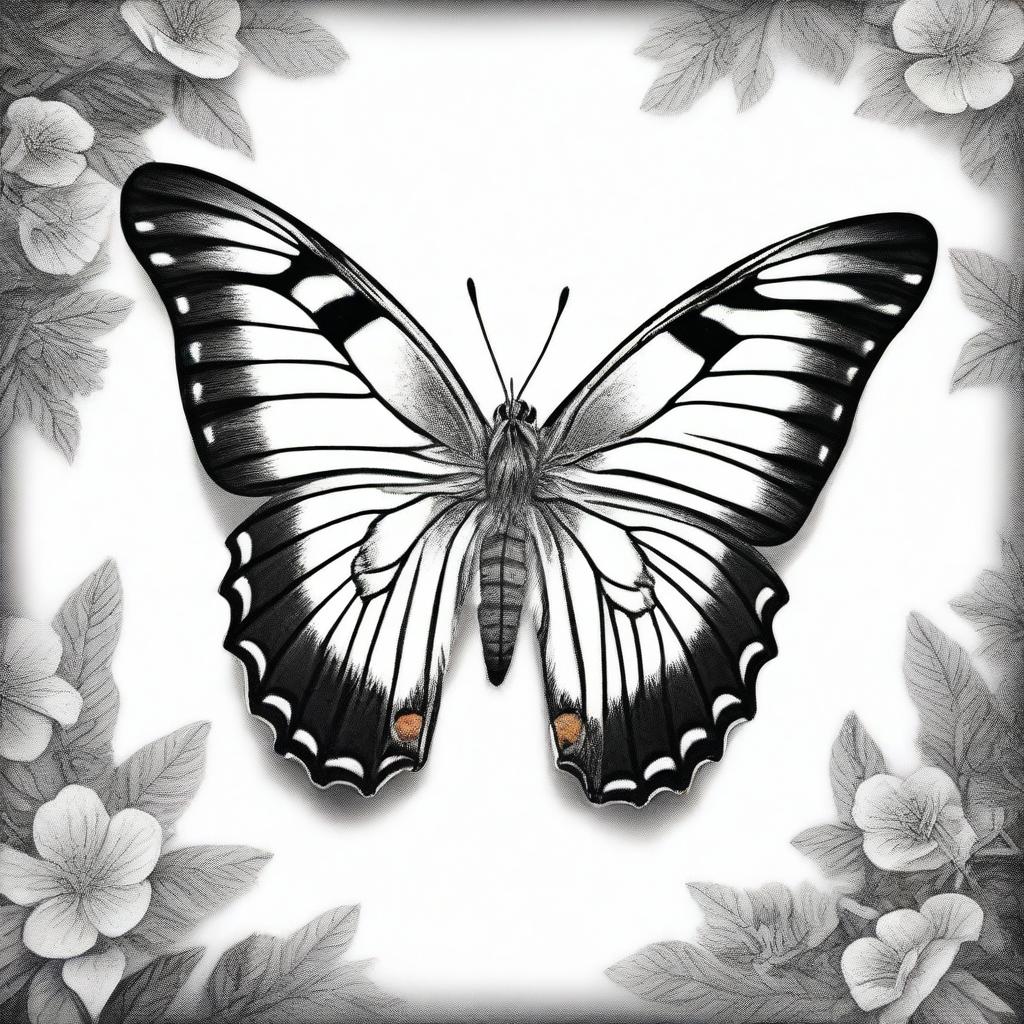 An exquisite black and white pencil drawing, showcasing a butterfly in all its glory