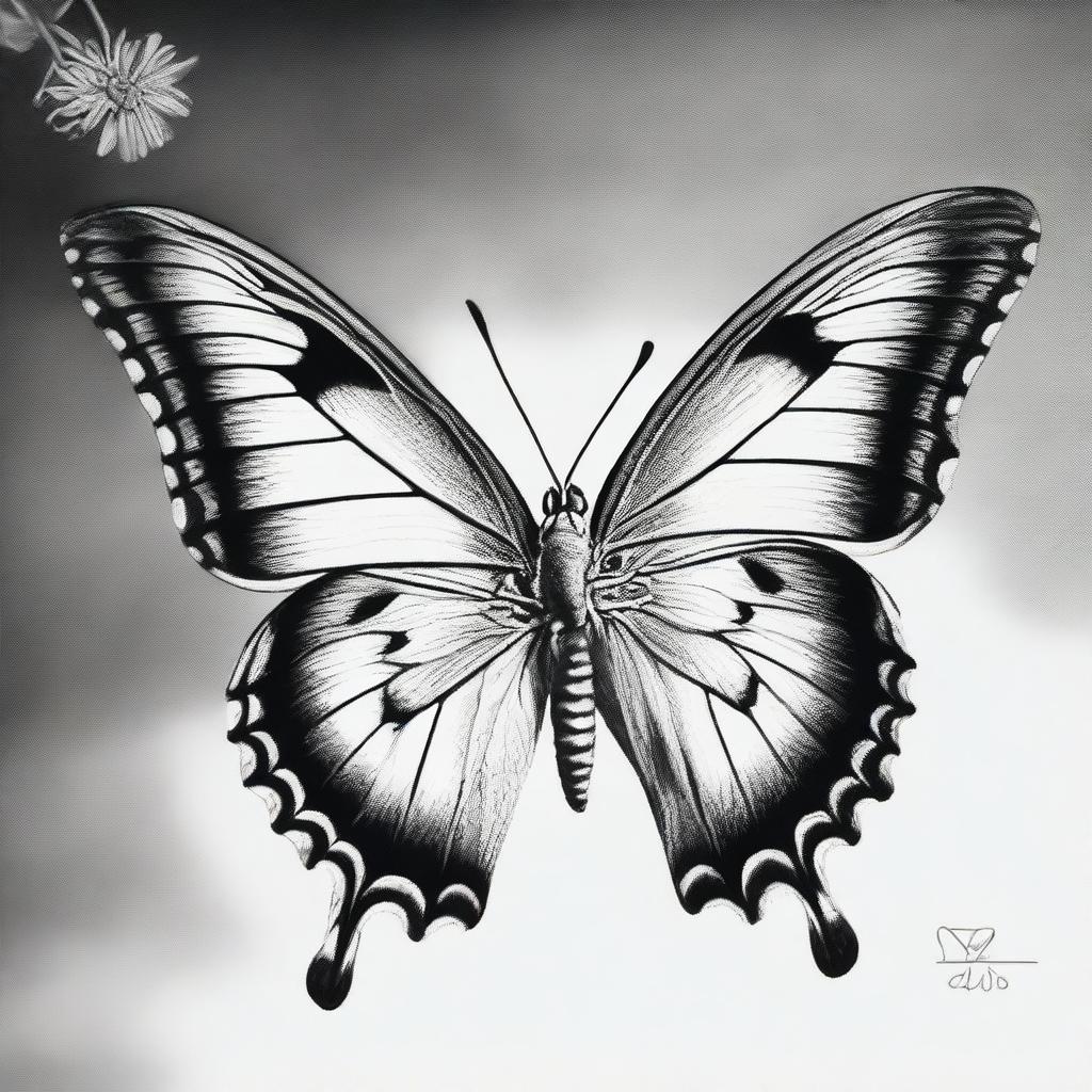 An exquisite black and white pencil drawing, showcasing a butterfly in all its glory