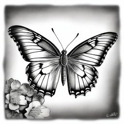 An exquisite black and white pencil drawing, showcasing a butterfly in all its glory