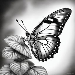 An exquisite black and white pencil drawing, showcasing a butterfly in all its glory