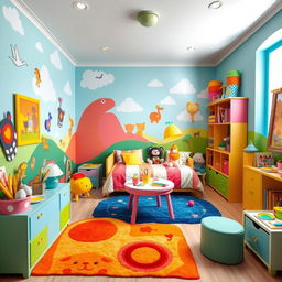 A whimsical children's room designed in the colorful and playful style of the game IncredyBox, filled with imaginative elements