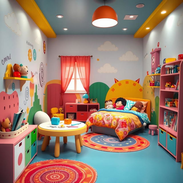 A whimsical children's room designed in the colorful and playful style of the game IncredyBox, filled with imaginative elements