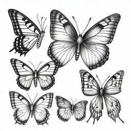 A stunning black and white pencil drawing featuring multiple butterflies