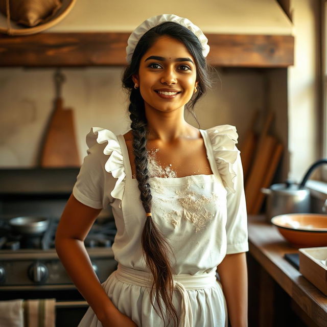 An Indian maid is portrayed in a playful and artistic manner, standing confidently near a kitchen stove