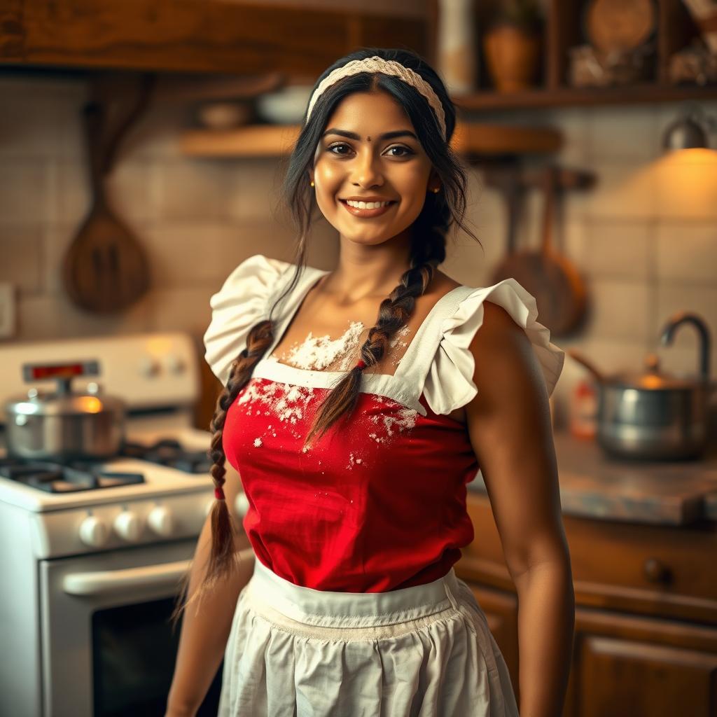 An Indian maid is portrayed in a playful and artistic manner, standing confidently near a kitchen stove