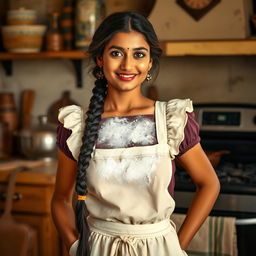 An Indian maid is portrayed in a playful and artistic manner, standing confidently near a kitchen stove