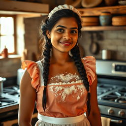 An Indian maid is portrayed in a playful and artistic manner, standing confidently near a kitchen stove