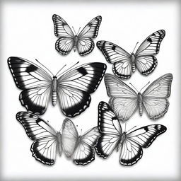 A stunning black and white pencil drawing featuring multiple butterflies