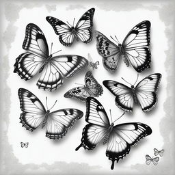 A stunning black and white pencil drawing featuring multiple butterflies