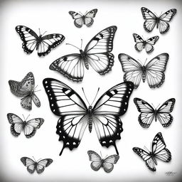 A stunning black and white pencil drawing featuring multiple butterflies