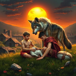 The founding of Rome, depicting the legendary twin brothers Romulus and Remus being nurtured by a she-wolf