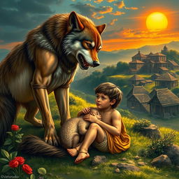 The founding of Rome, depicting the legendary twin brothers Romulus and Remus being nurtured by a she-wolf