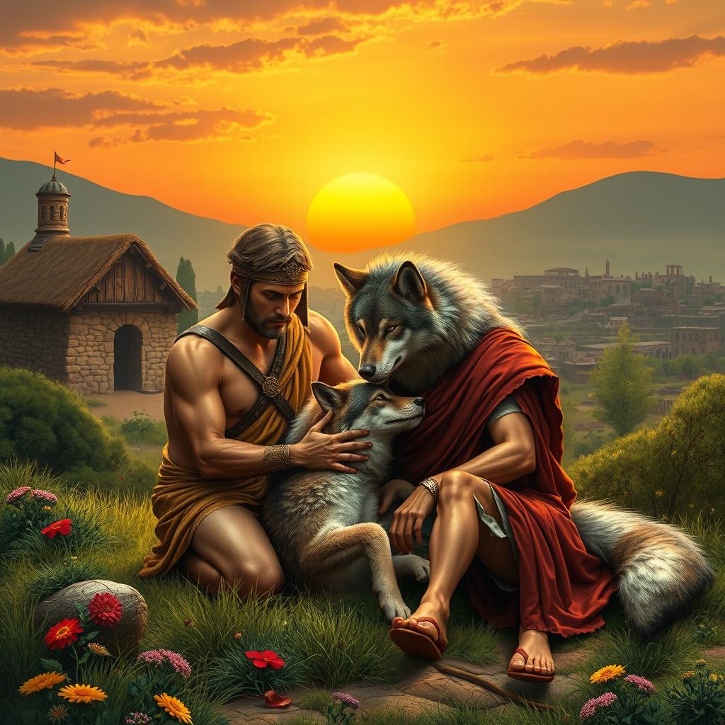 The founding of Rome, depicting the legendary twin brothers Romulus and Remus being nurtured by a she-wolf