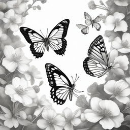 A black and white pencil drawing illustrating three butterflies fluttering in a flower garden