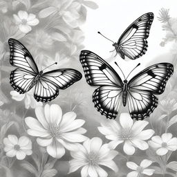 A black and white pencil drawing illustrating three butterflies fluttering in a flower garden