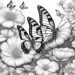 A black and white pencil drawing illustrating three butterflies fluttering in a flower garden