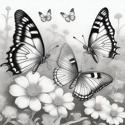 A black and white pencil drawing illustrating three butterflies fluttering in a flower garden