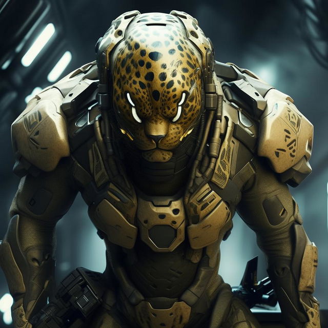 male in futuristic leopard-concept combat gear 