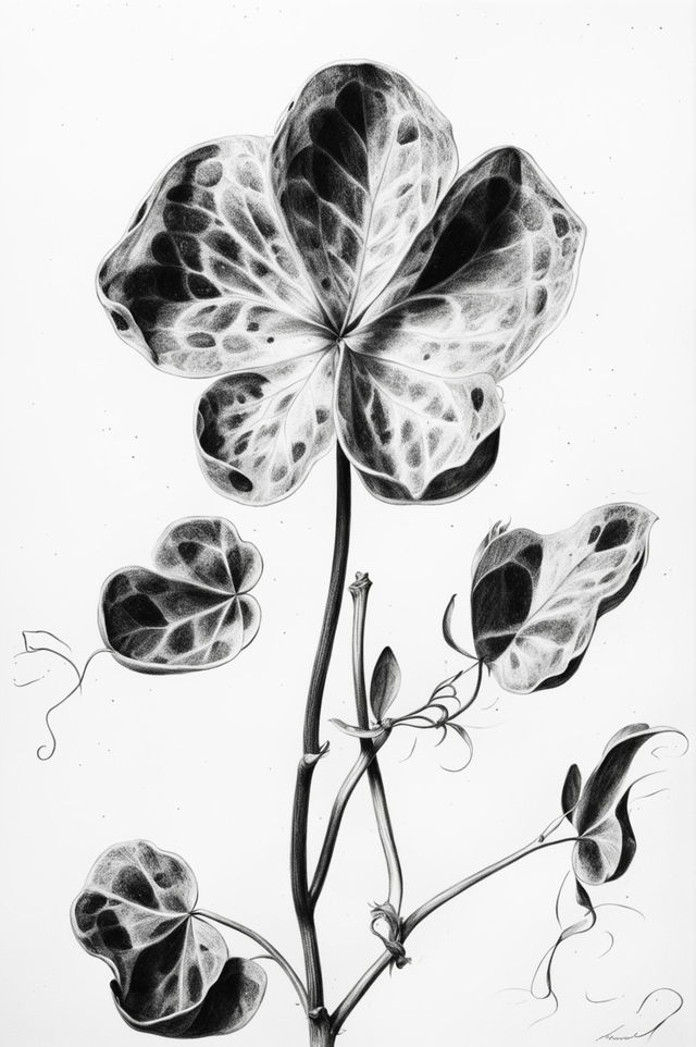 This is a high-quality pencil drawing of a four-leaf clover