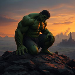 A desolate, post-apocalyptic landscape in a twilight setting, featuring the silhouette of an aged and weary Hulk kneeling on a rocky hill