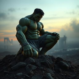 A desolate, post-apocalyptic landscape in a twilight setting, featuring the silhouette of an aged and weary Hulk kneeling on a rocky hill