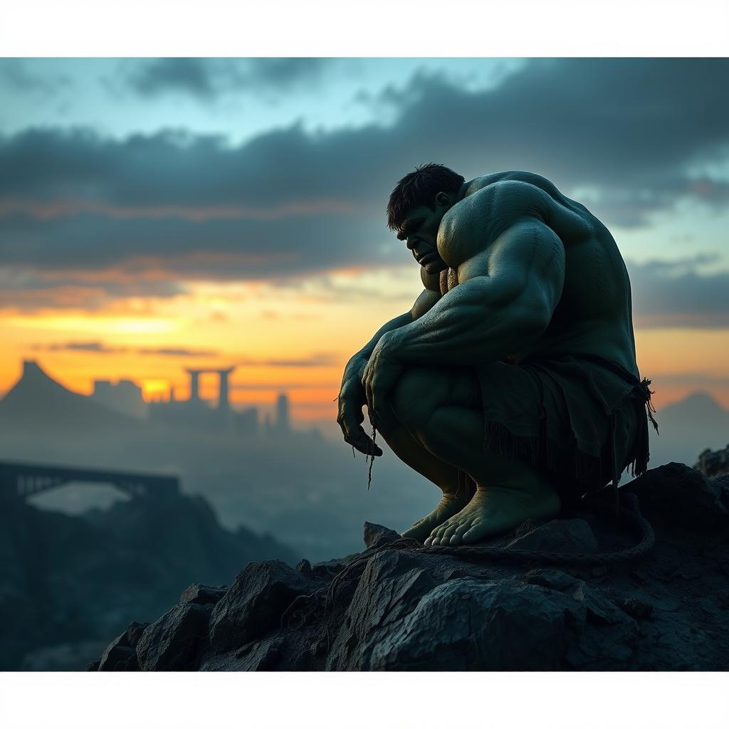 A desolate, post-apocalyptic landscape in a twilight setting, featuring the silhouette of an aged and weary Hulk kneeling on a rocky hill