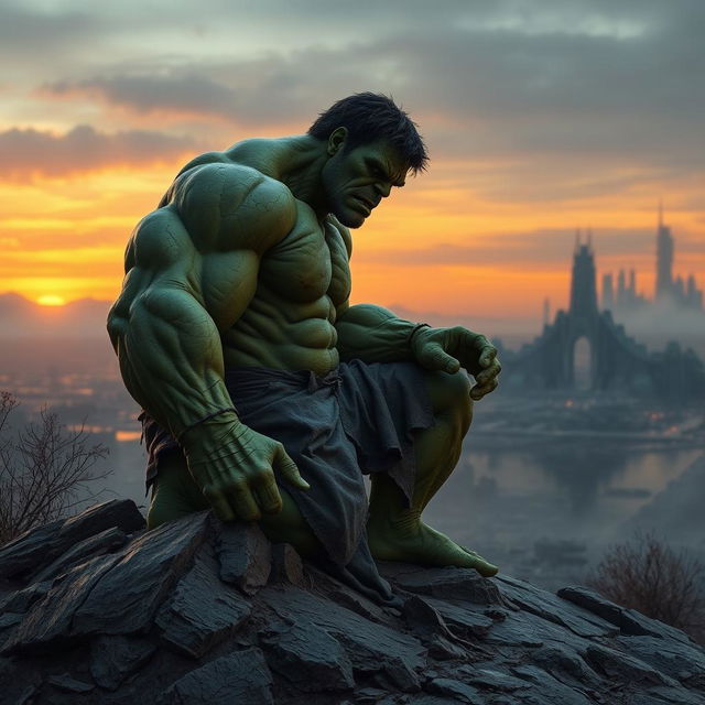 A desolate, post-apocalyptic landscape in a twilight setting, featuring the silhouette of an aged and weary Hulk kneeling on a rocky hill