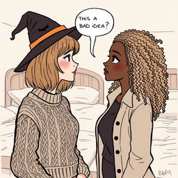 An illustration of two women in a cozy indoor setting