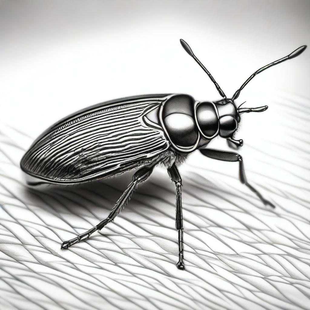 An exquisite black and white pencil drawing showcasing a unique bug